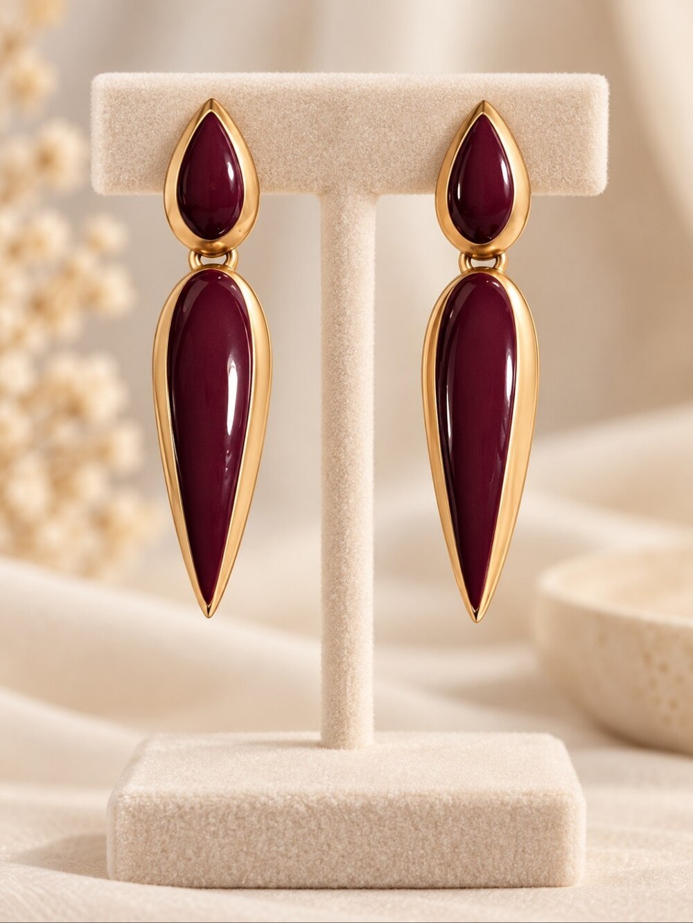 Gold Tone Burgundy Teardrop Dangle Earrings - Women Jewelry